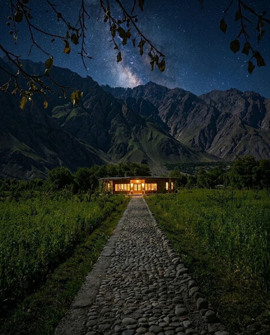 Serengé Retreat at night, a lit lodge at the end of a cobblestone path under the Milky Way